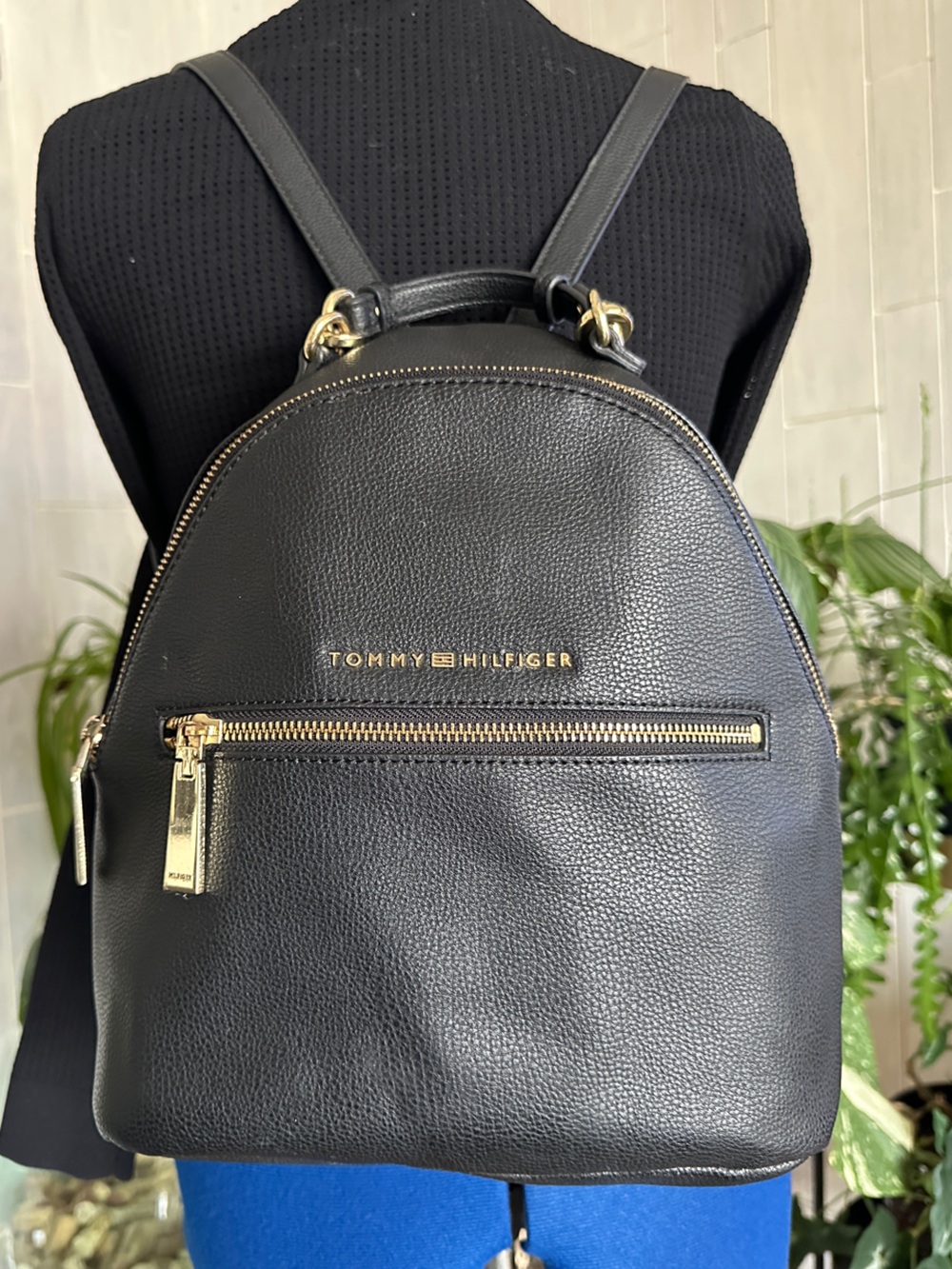 Tommy Hilfiger Black Leather Crossbody Backpack with Gold Hardware